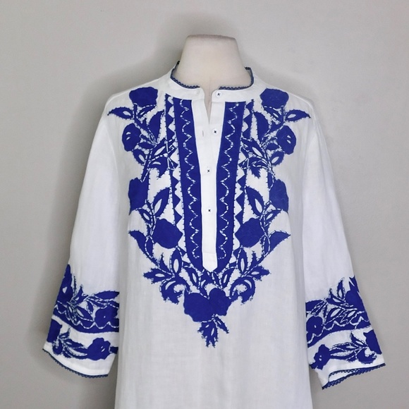 CHICO’S Appliqued Linen Tunic White & Blue Embroidered ~ Size 3 X-Large 16 - Picture 3 of 14
